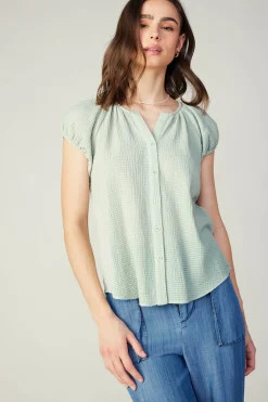 Sleeveless Tops|Short Sleeve Tops-Current Air Buttoned Cotton Blouse LIGHTSAGE
