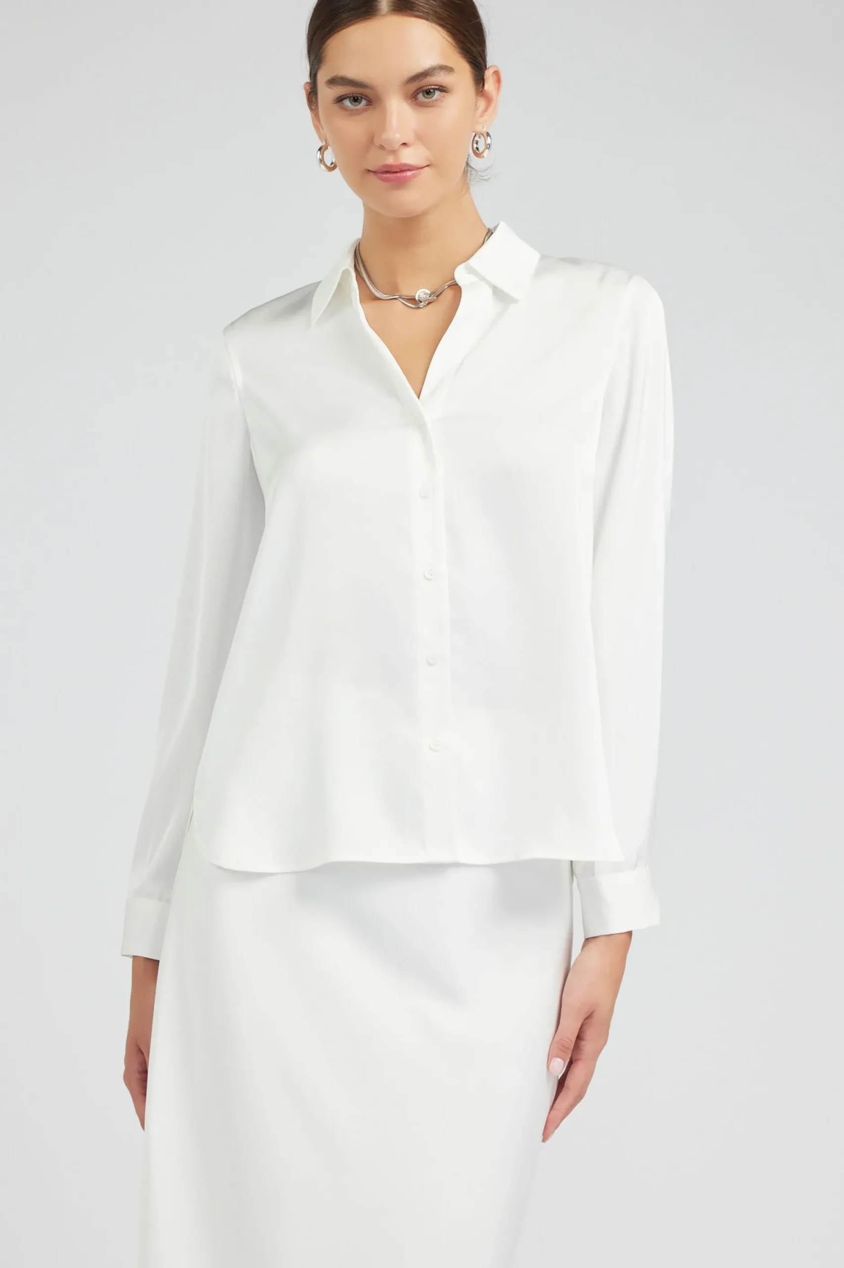 Long Sleeve Tops-Current Air Buttonup Collared Shirt OFFWHITE