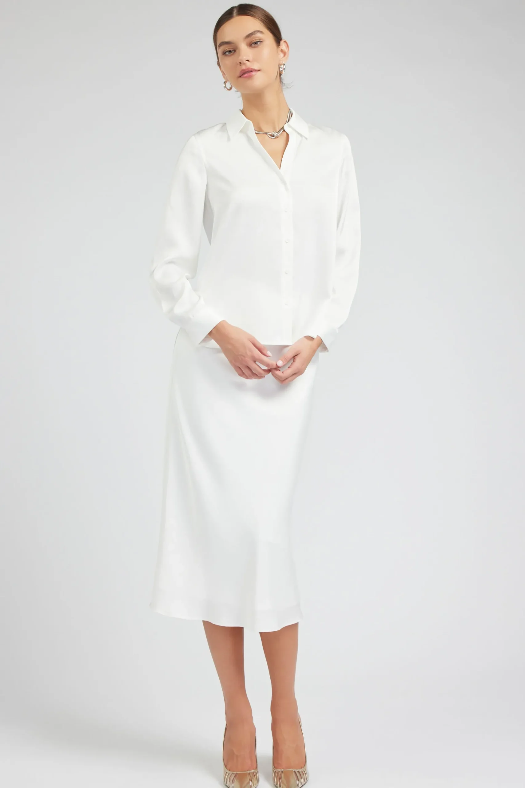 Long Sleeve Tops-Current Air Buttonup Collared Shirt OFFWHITE