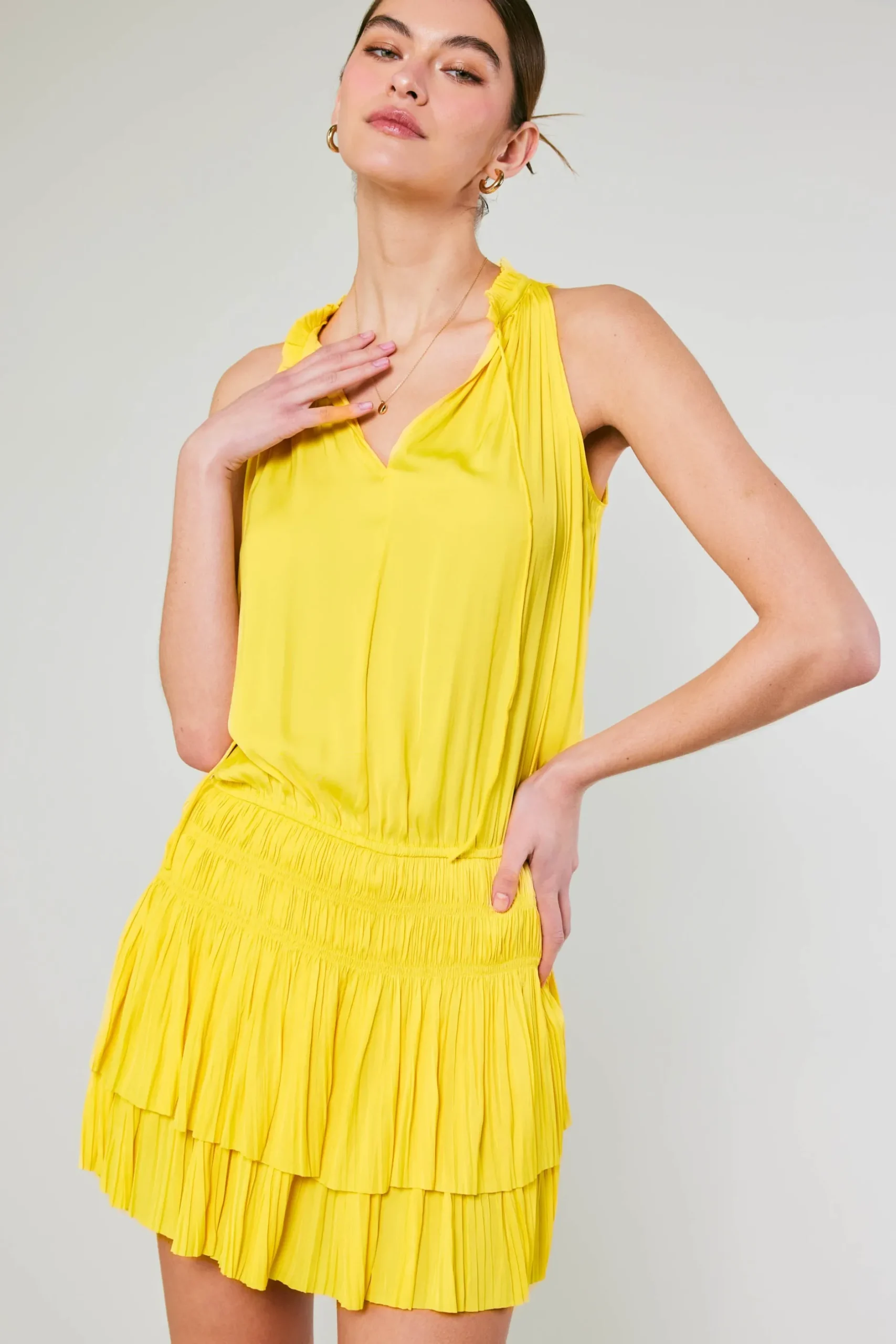 Mini Dresses-Current Air Cara Pleated Mini Dress SUNNYYELLOW