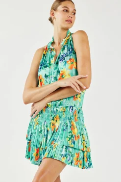 Mini Dresses-Current Air Cara Pleated Mini Dress AQUA