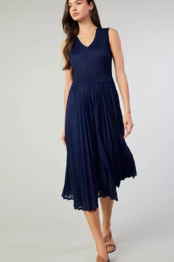 Midi Dresses-Current Air Cari Ribbed Contrast Pleated Dress NAVY