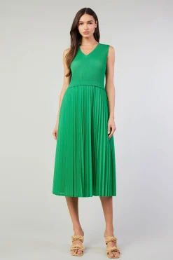 Midi Dresses-Current Air Cari Ribbed Contrast Pleated Dress SPRINGGREEN