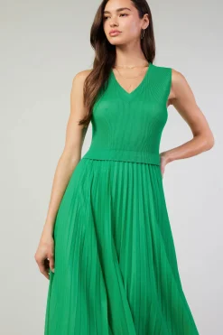 Midi Dresses-Current Air Cari Ribbed Contrast Pleated Dress SPRINGGREEN