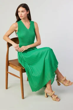 Midi Dresses-Current Air Cari Ribbed Contrast Pleated Dress SPRINGGREEN