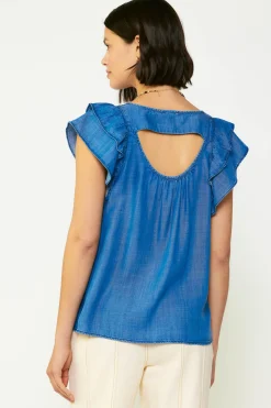 Sleeveless Tops|Short Sleeve Tops-Current Air Back Cutout Top CHAMBRAY