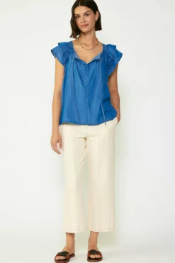 Sleeveless Tops|Short Sleeve Tops-Current Air Back Cutout Top CHAMBRAY