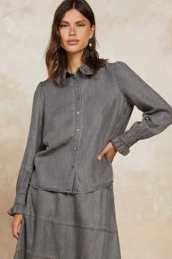 Long Sleeve Tops-Current Air Chambray Button Down Blouse WASHEDBLACK
