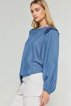 Long Sleeve Tops-Current Air Picot Stitched Blouse CHAMBRAY