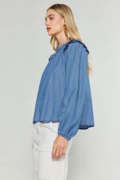 Long Sleeve Tops-Current Air Picot Stitched Blouse CHAMBRAY