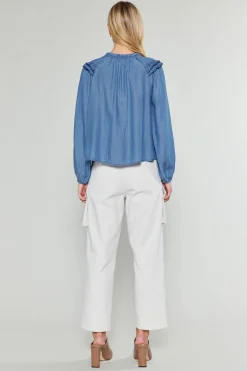 Long Sleeve Tops-Current Air Picot Stitched Blouse CHAMBRAY