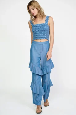 Sleeveless Tops-Current Air Smocked Crop Top CHAMBRAY