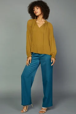 Long Sleeve Tops-Current Air Charlotte Pleated Blouse DARKOLIVE
