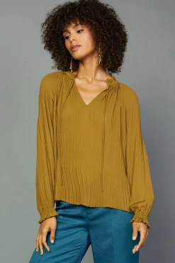 Long Sleeve Tops-Current Air Charlotte Pleated Blouse DARKOLIVE