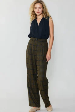 Pants-Current Air Checkered Wide Leg Pants OLIVE