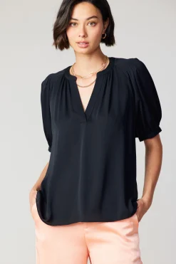 Short Sleeve Tops-Current Air Classic V Neck Blouse BLACK