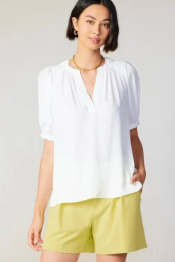 Short Sleeve Tops-Current Air Classic V Neck Blouse WHITE