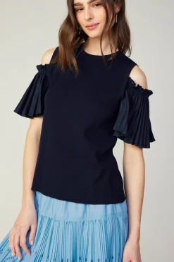 Knitwear|Short Sleeve Tops-Current Air Cold Shoulder Pleated Top NAVY