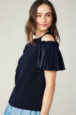 Knitwear|Short Sleeve Tops-Current Air Cold Shoulder Pleated Top NAVY