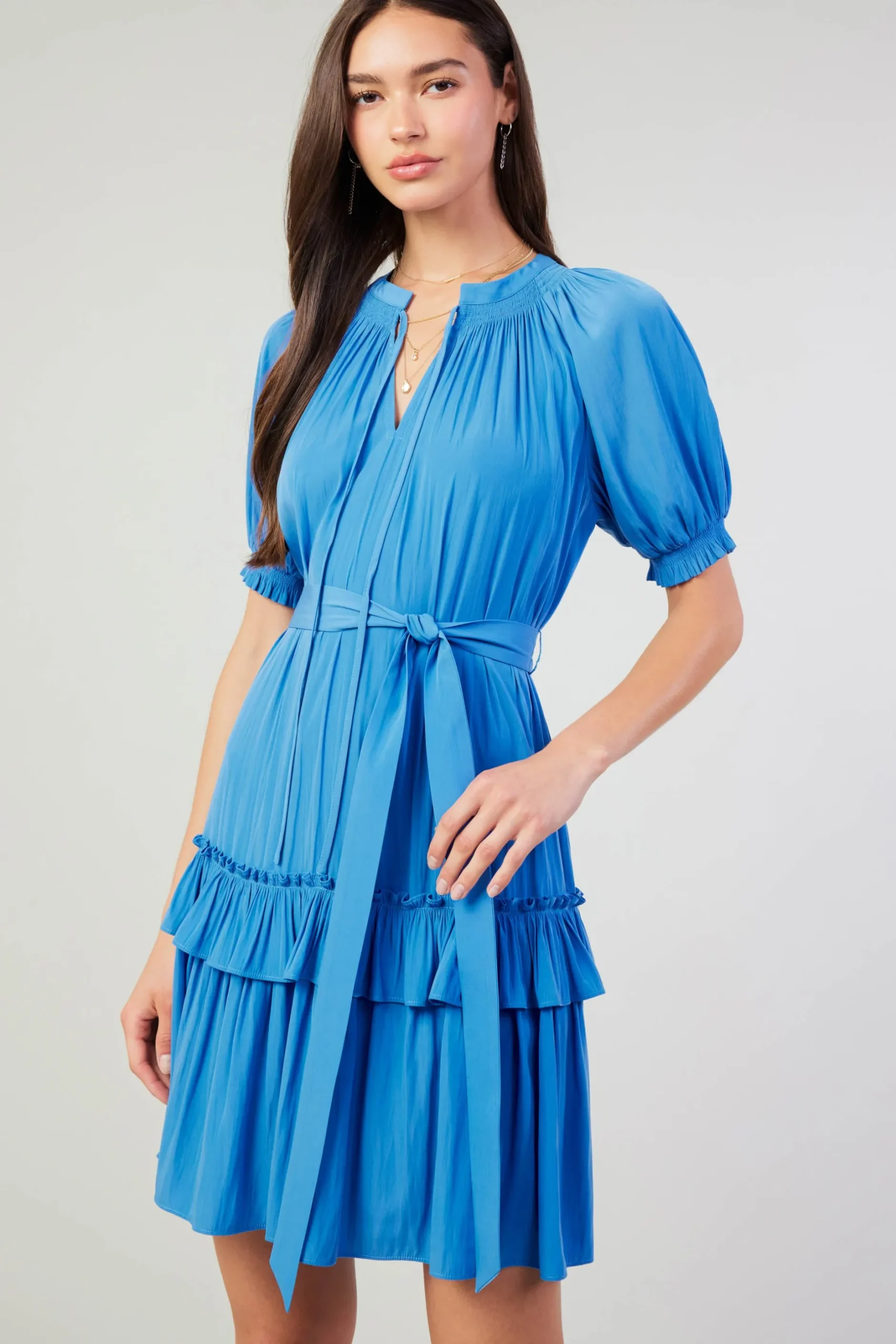 Mini Dresses-Current Air Coletta Smocked Yoke Mini Dress FADEDBLUE