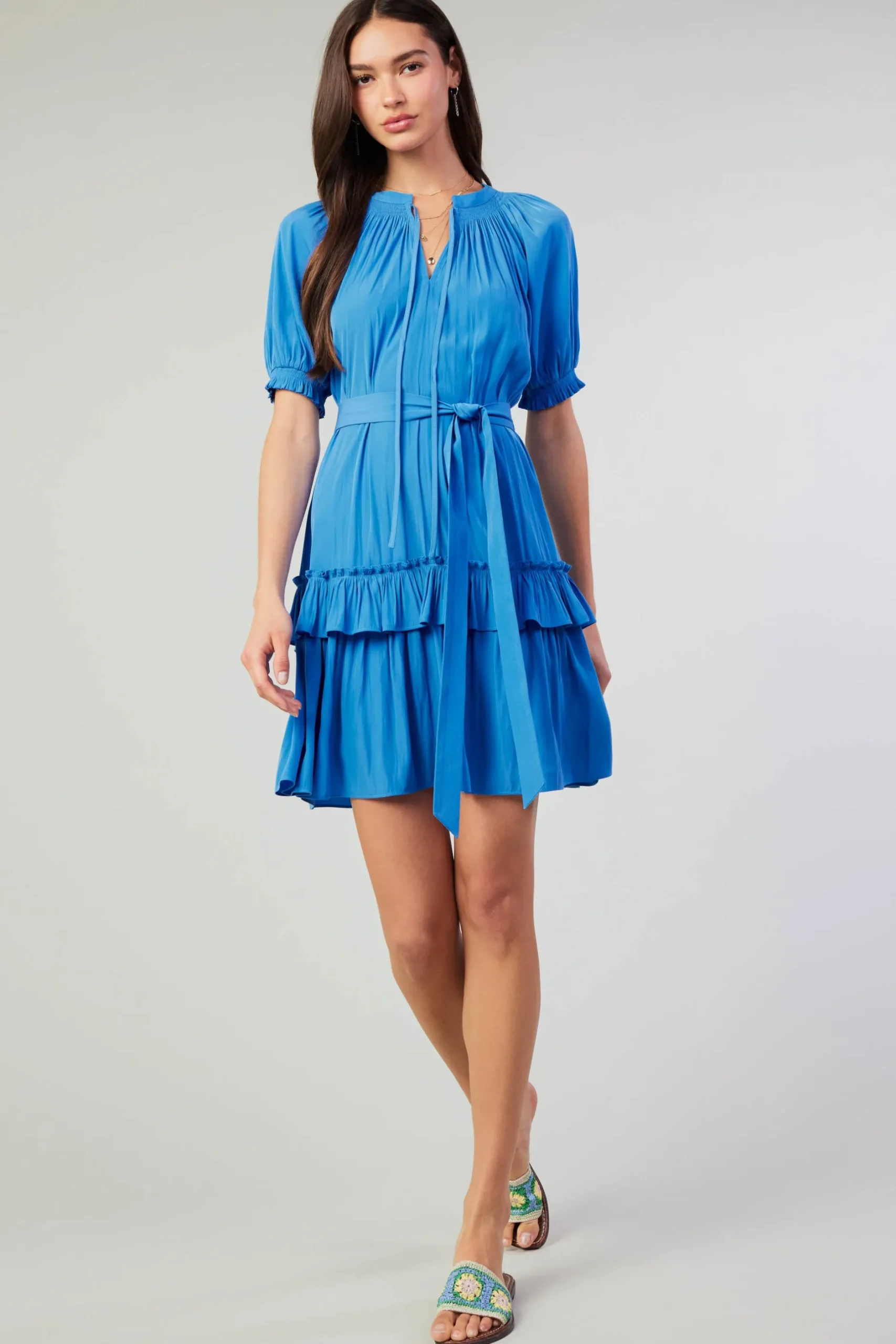 Mini Dresses-Current Air Coletta Smocked Yoke Mini Dress FADEDBLUE