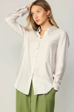 Long Sleeve Tops-Current Air Collared Button Down Shirt BONE