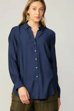 Long Sleeve Tops-Current Air Collared Button Down Shirt NAVY