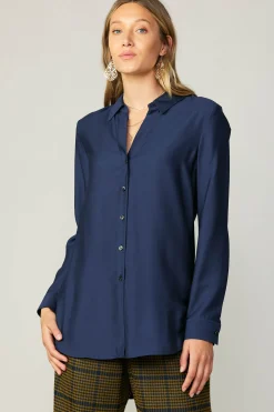 Long Sleeve Tops-Current Air Collared Button Down Shirt NAVY