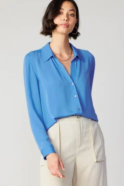 Long Sleeve Tops-Current Air Collared Buttondown Shirt BLUE