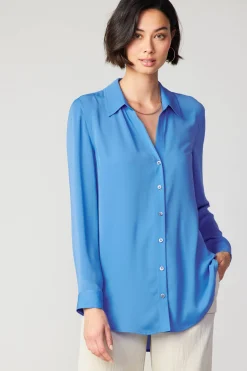Long Sleeve Tops-Current Air Collared Buttondown Shirt BLUE