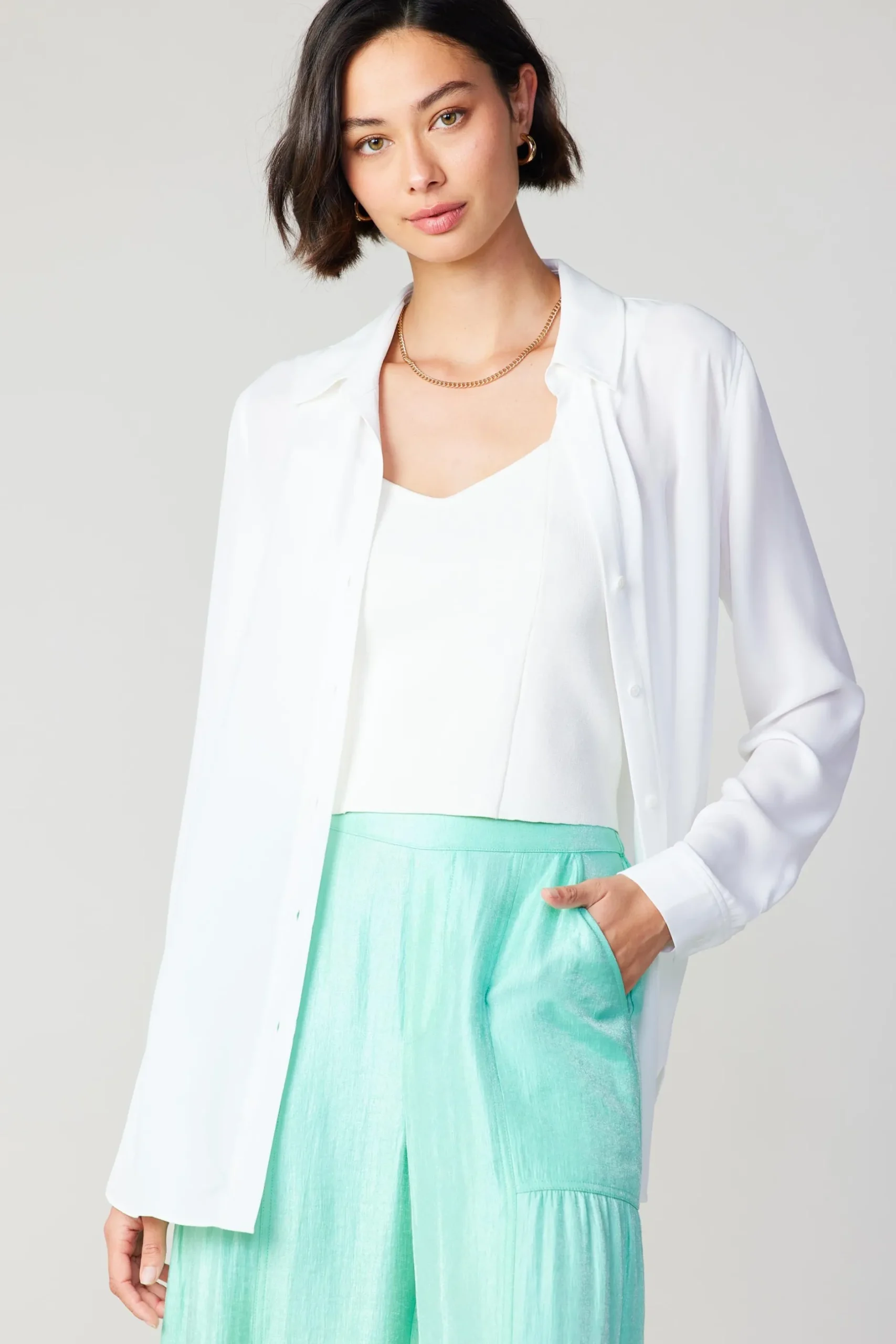 Long Sleeve Tops-Current Air Collared Buttondown Shirt WHITE
