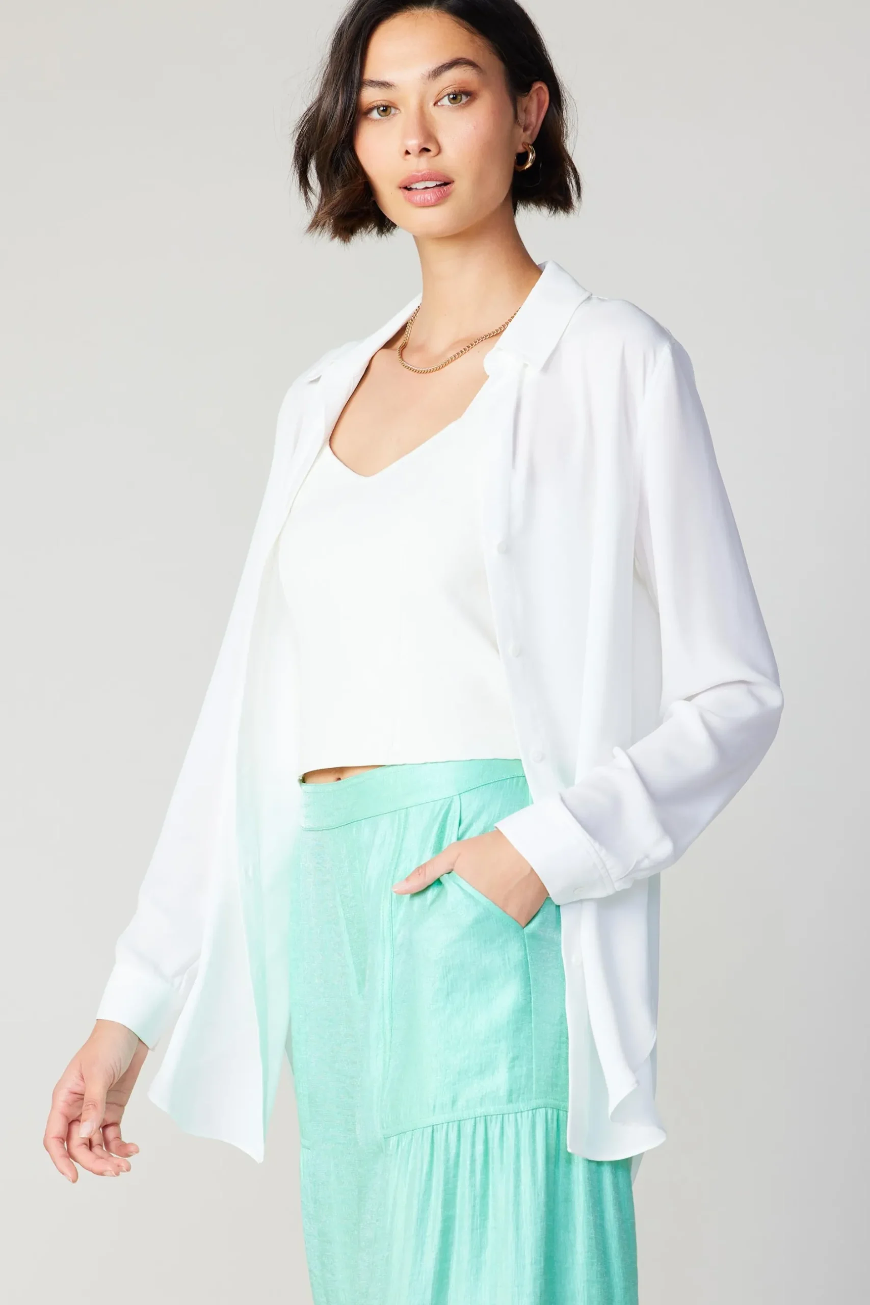 Long Sleeve Tops-Current Air Collared Buttondown Shirt WHITE