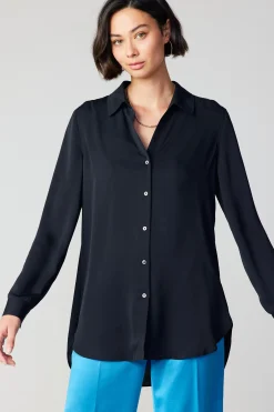 Long Sleeve Tops-Current Air Collared Buttondown Shirt BLACK