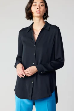 Long Sleeve Tops-Current Air Collared Buttondown Shirt BLACK