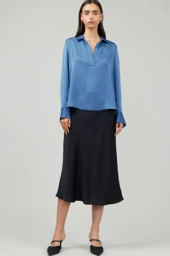 Long Sleeve Tops-Current Air Collared Splitneck Blouse DUSTYBLUE