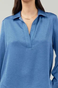 Long Sleeve Tops-Current Air Collared Splitneck Blouse DUSTYBLUE