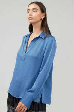 Long Sleeve Tops-Current Air Collared Splitneck Blouse DUSTYBLUE