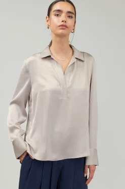Long Sleeve Tops-Current Air Collared Splitneck Blouse SILVERSTONE