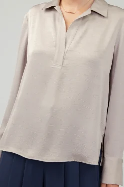 Long Sleeve Tops-Current Air Collared Splitneck Blouse SILVERSTONE