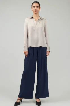 Long Sleeve Tops-Current Air Collared Splitneck Blouse SILVERSTONE