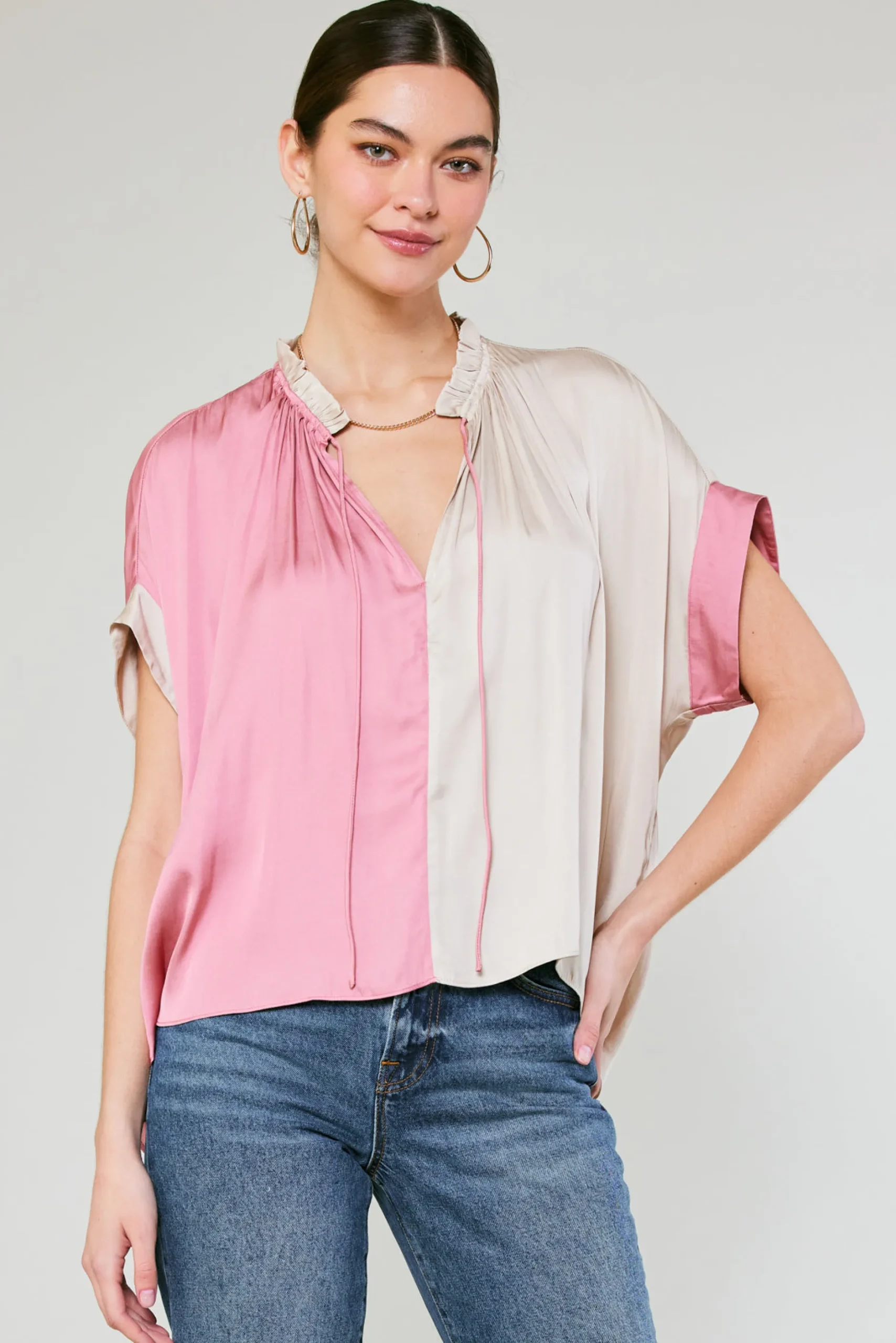 Short Sleeve Tops-Current Air Colorblock Contrast Top LIGHTTAUPE-PINK