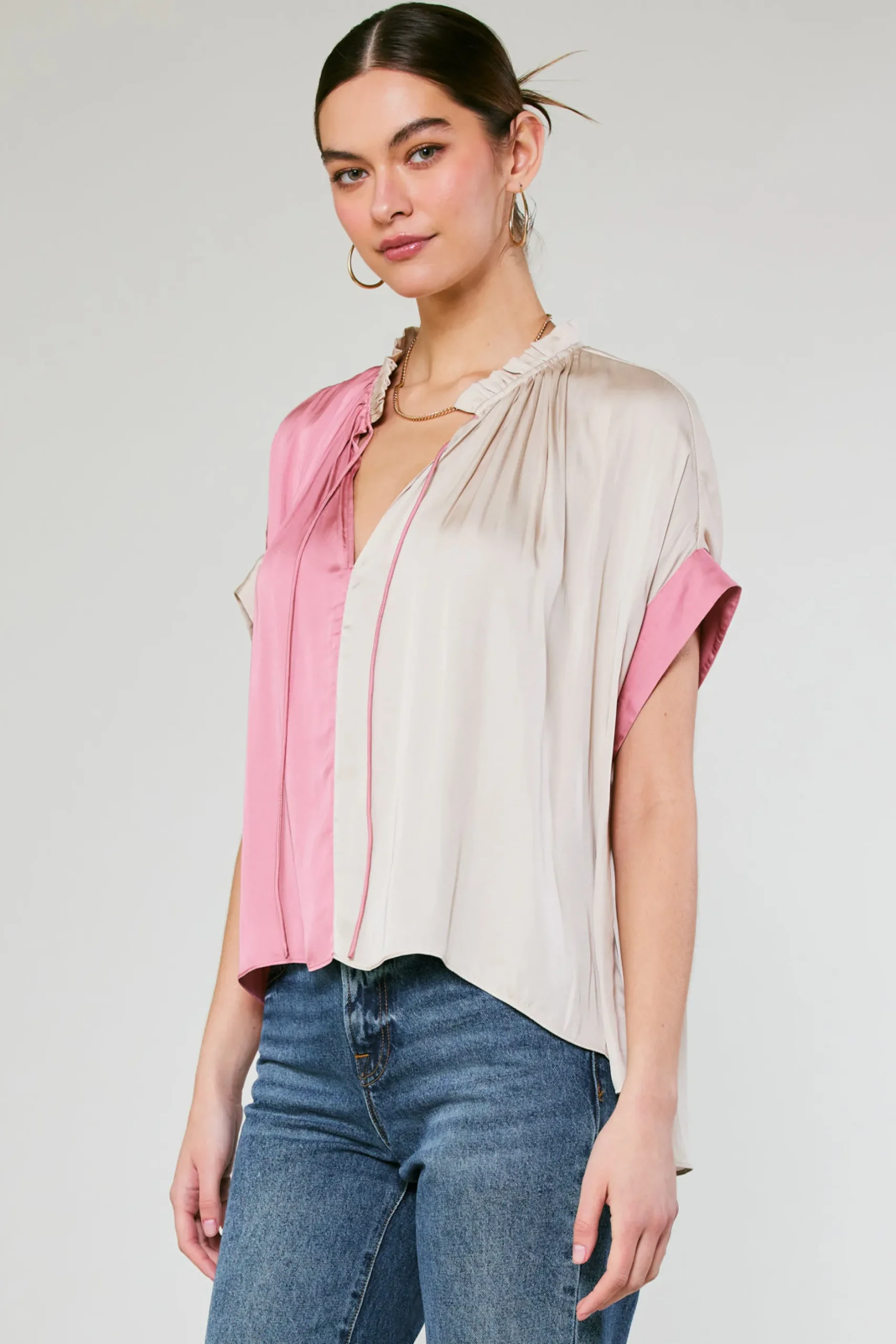 Short Sleeve Tops-Current Air Colorblock Contrast Top LIGHTTAUPE-PINK