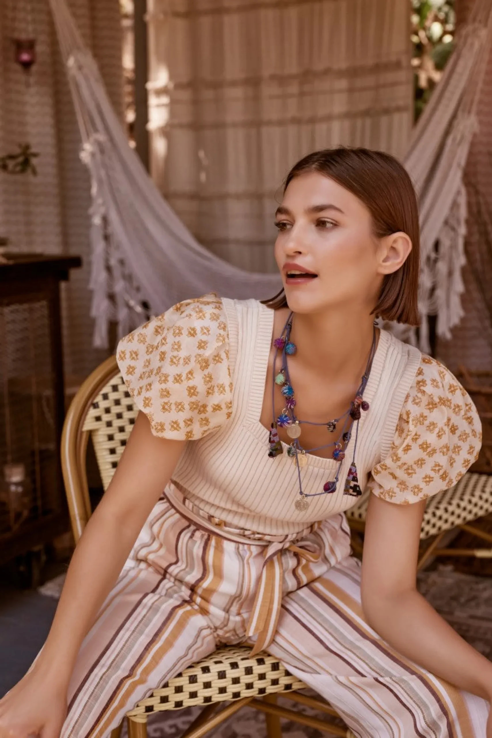 Short Sleeve Tops|Sweaters-Current Air Constrast Puff Sleeve Sweater Top APRICOTMLT