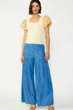 Short Sleeve Tops|Sweaters-Current Air Constrast Puff Sleeve Sweater Top APRICOTMLT