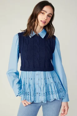 Knitwear|Sweaters-Current Air Contrast Knit Eyelet Top BABYBLUE