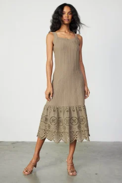 Knitwear|Midi Dresses-Current Air Contrast Lace Knit Dress LATTE