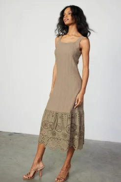 Knitwear|Midi Dresses-Current Air Contrast Lace Knit Dress LATTE