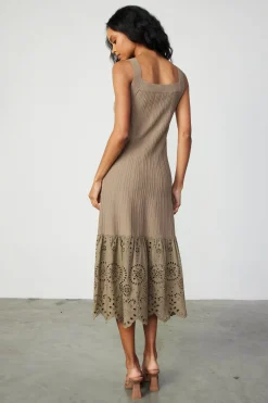 Knitwear|Midi Dresses-Current Air Contrast Lace Knit Dress LATTE