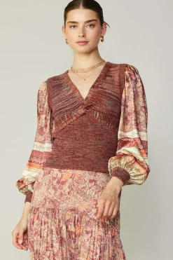 Sweaters-Current Air Contrast Sleeve Border Print Sweater BRICKSAGEMLT