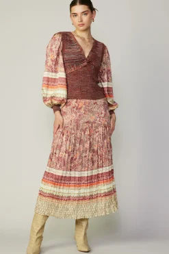 Sweaters-Current Air Contrast Sleeve Border Print Sweater BRICKSAGEMLT